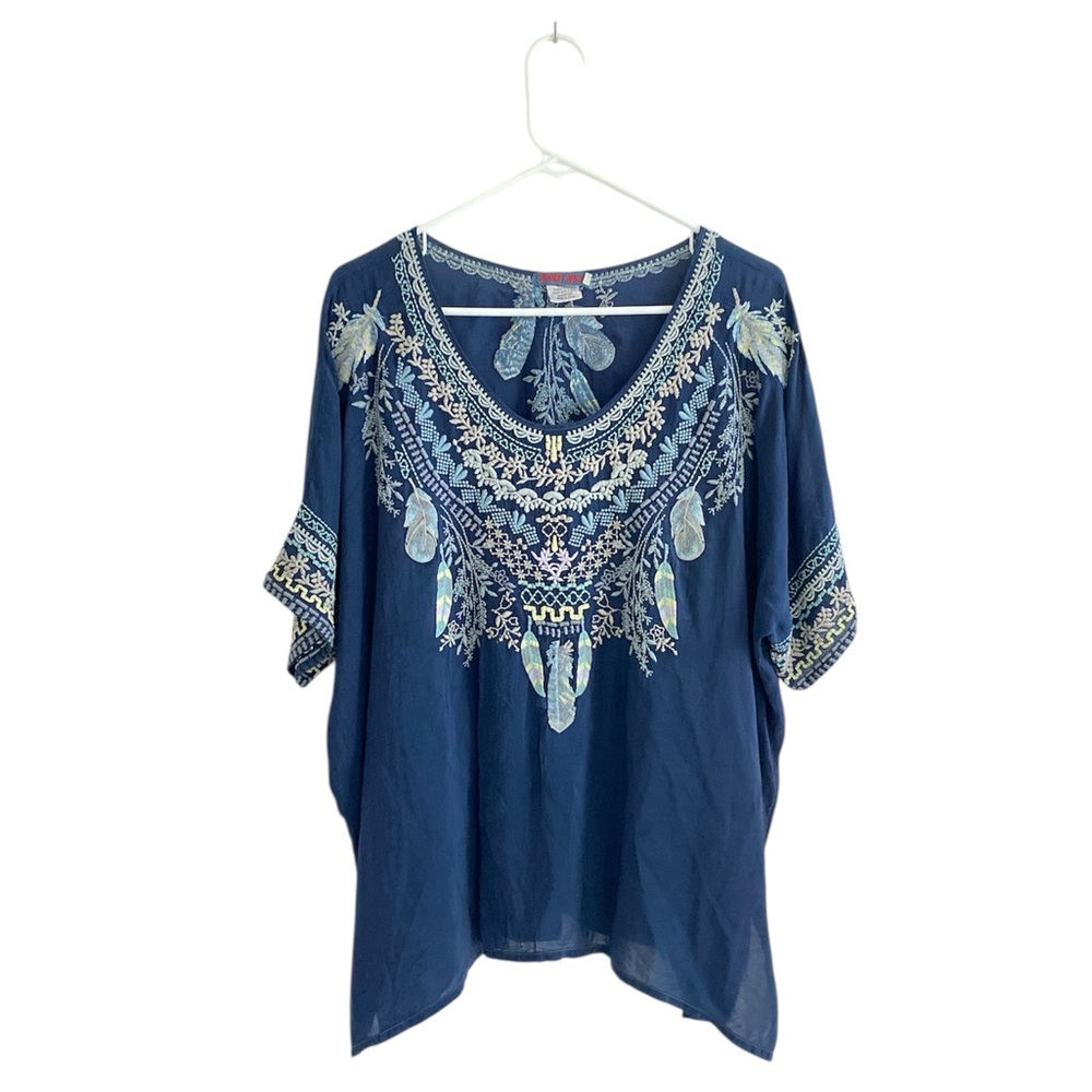 Johnny Was Embroidered Feather Boho Tunic Poncho Top